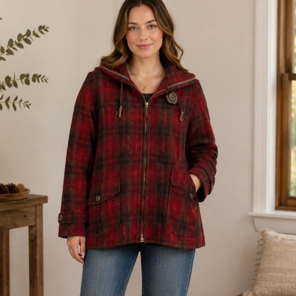 Polo Ralph Lauren Vintage Wool Plaid Full Zip Jacket Red Black Women's Medium